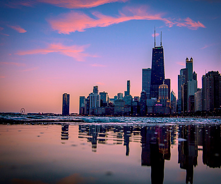 Cotton candy sunset skyline reflection of Chicago