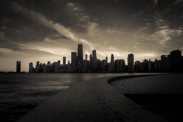 istock Lake Michigan and Chicago Skyline Black and White 1452185259