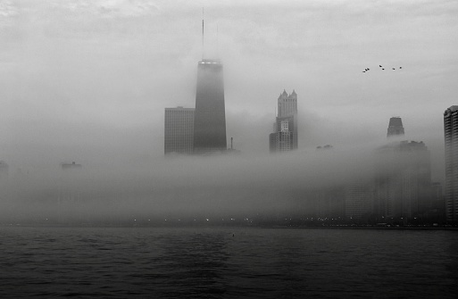 Gloomy Chicago lakefront with fog