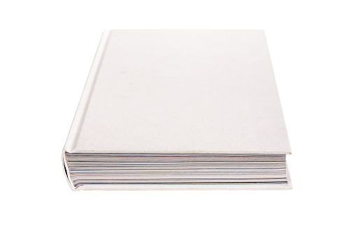 White blank book hard cover mockup, mock up in perspective isolated on white