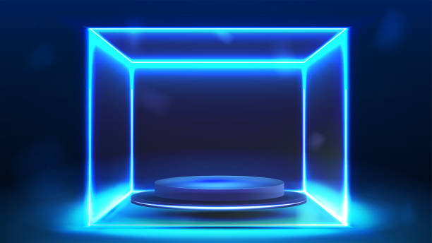istock Blue neon cube in dark and blue scene with blue floating in the air empty podium inside 1452189892