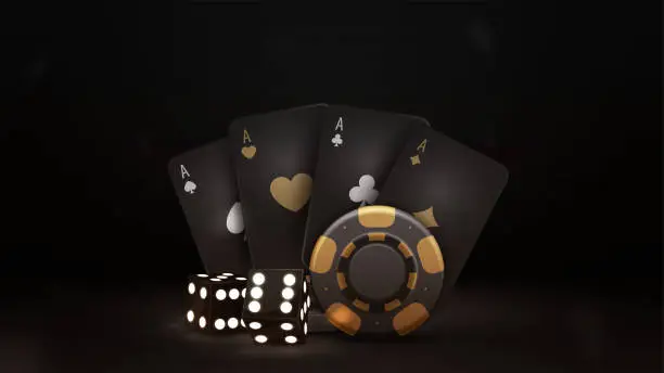 Vector illustration of Black and gold playing cards, dice and black casino chips in dark scene