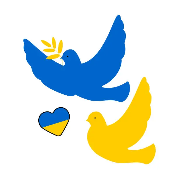 Vector illustration of Pair of cute yellow and blue peace doves isolated on white background. Colors of the flag of Ukraine. Vector.