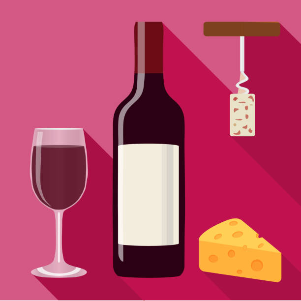 ilustraciones, imágenes clip art, dibujos animados e iconos de stock de una botella de vino, una copa de vino, un sacacorchos y un trozo de queso. vector, ilustración de dibujos animados. vector. - botella de vino