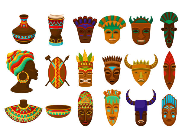 ilustrações de stock, clip art, desenhos animados e ícones de authentic symbols of africa with crockery, drum and wooden mask with traditional ethnic ornament vector set - south africa africa zulu african culture