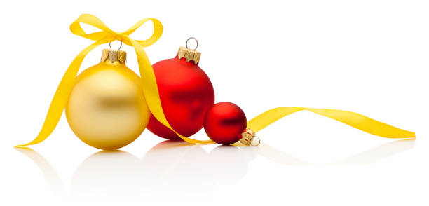 istock Three Christmas decoration baubles with ribbon bow isolated on white background 1452213386