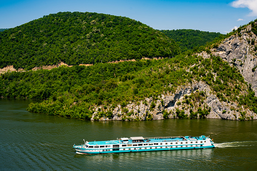 Der kleine Prinz (The Little Prince) river cruise ship in Danube Gorge in Serbia. Ship was built in 1990s, accomodate 90 passengers and sailing under the flag of Germany.