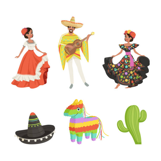 Mexico traditional objects set and people in mexican national costume vector illustration Mexico traditional objects set and people in mexican national costume vector illustration isolated on white mexico people stock illustrations
