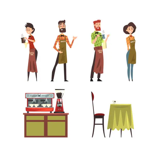 Vector illustration of Male and female barista set. Coffee house or shop staff characters in uniform cartoon vector illustration