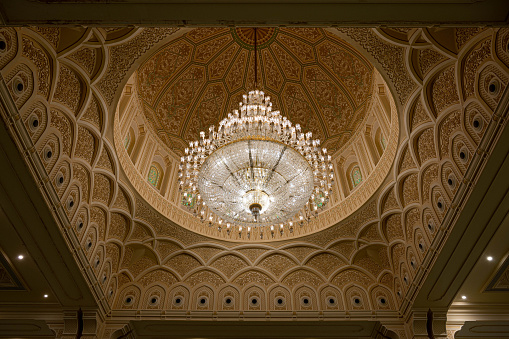 Central chandelier in the male prayer hall of the Sultan Qaboos mosque in Salah, Oman