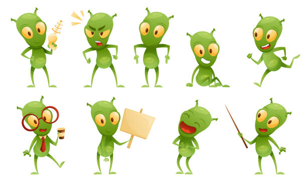 Funny Green Alien Character with Big Eyes and Small Antenna on Head Engaged in Different Action Vector Set Funny Green Alien Character with Big Eyes and Small Antenna on Head Engaged in Different Action Vector Set. Friendly Extraterrestrial Creature in Various Pose and Gesture detonator stock illustrations