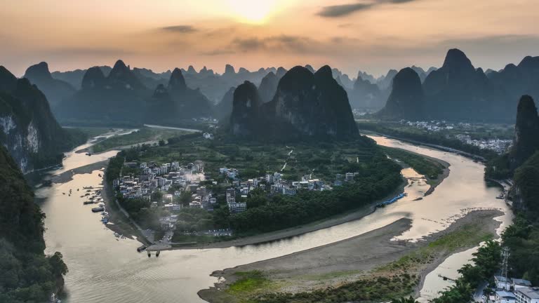 Aerial photo of Guilin landscape in weak light