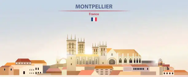 Vector illustration of Montpellier cityscape on sunrise sky background with bright sun shine. Vector illustration