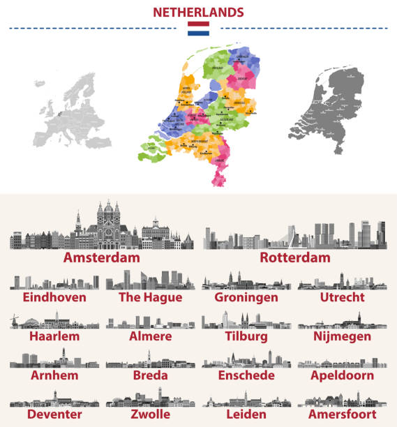 illustrazioni stock, clip art, cartoni animati e icone di tendenza di mappa dei paesi bassi con le principali città su di esso. illustrazioni degli skyline delle città olandesi in una tavolozza di colori in bianco e nero. set vettoriale - apeldoorn