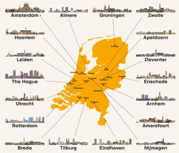 Vector illustration of Netherlands map with main cities skylines. Vector illustration