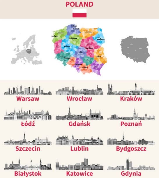 Poland map with main cities on it. Polish cities skylines illustrations in black and white color palette. Vector set Poland map with main cities on it. Polish cities skylines illustrations in black and white color palette. Vector set gdynia stock illustrations