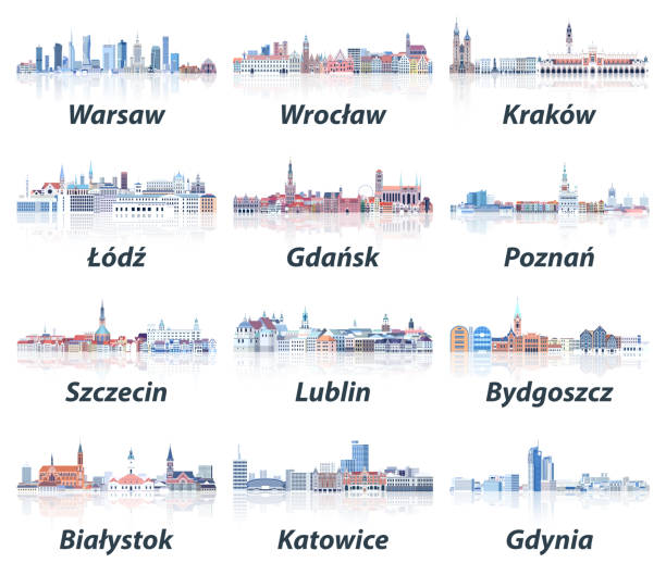 Poland cities skylines in soft cold tones color palette vector set. Crystal aesthetics style Poland cities skylines in soft cold tones color palette vector set. Crystal aesthetics style gdansk city stock illustrations