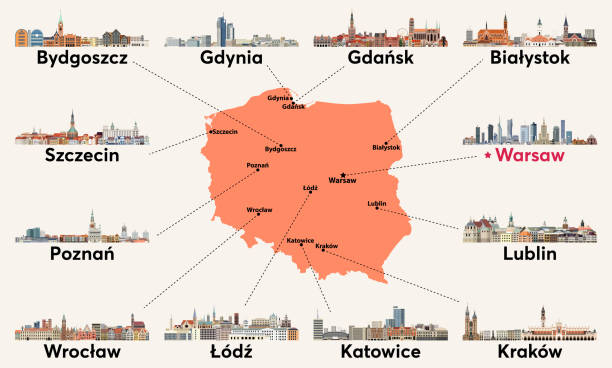 illustrazioni stock, clip art, cartoni animati e icone di tendenza di mappa della polonia con gli skyline delle principali città. illustrazione vettoriale - lodz