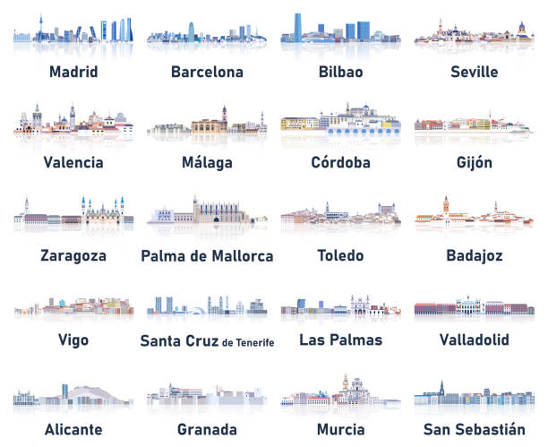Spain cities skylines in soft cold tones color palette vector set. Crystal aesthetics style Spain cities skylines in soft cold tones color palette vector set. Crystal aesthetics style vigo stock illustrations