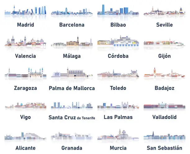Vector illustration of Spain cities skylines in soft cold tones color palette vector set. Crystal aesthetics style
