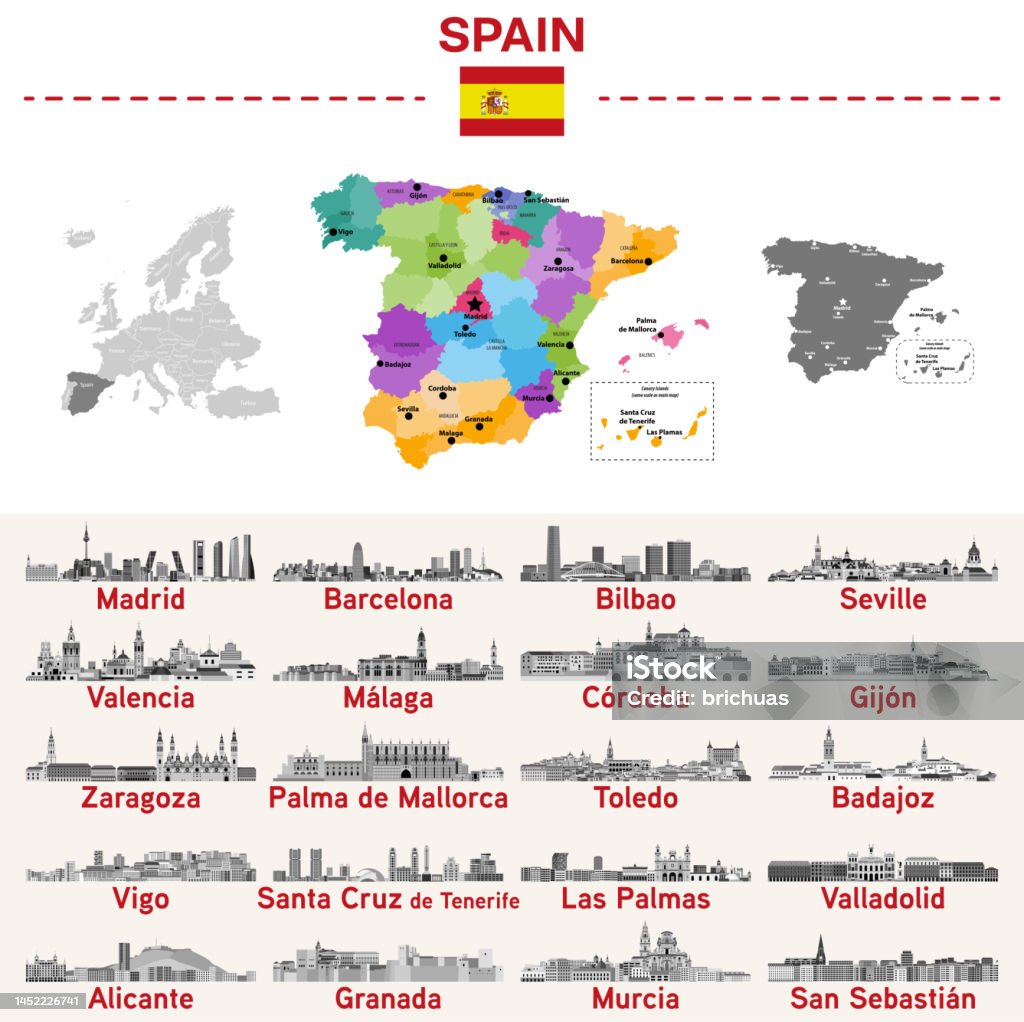 Mapa de España con las principales ciudades en él. Ilustraciones de skylines de ciudades españolas en paleta de colores en blanco y negro. Conjunto vectorial - arte vectorial de Panorama urbano libre de derechos