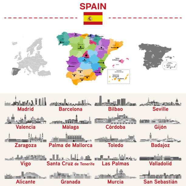 ilustraciones, imágenes clip art, dibujos animados e iconos de stock de mapa de españa con las principales ciudades en él. ilustraciones de skylines de ciudades españolas en paleta de colores en blanco y negro. conjunto vectorial - murcia