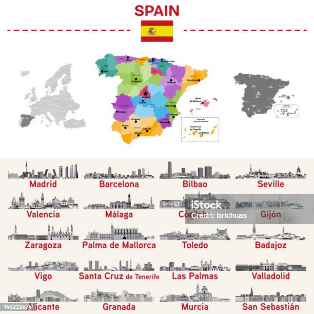 Ilustración de Mapa De España Con Las Principales Ciudades En Él Ilustraciones De Skylines De Ciudades Españolas En Paleta De Colores En Blanco Y Negro Conjunto Vectorial y más Vectores Libres de Derechos de Panorama urbano