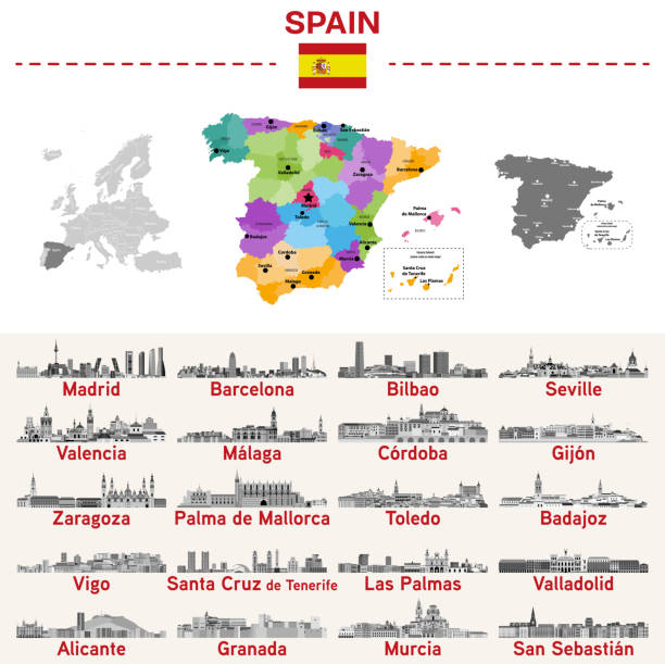 illustrazioni stock, clip art, cartoni animati e icone di tendenza di mappa della spagna con le principali città su di esso. illustrazioni degli skyline delle città spagnole in una tavolozza di colori in bianco e nero. set vettoriale - san sebastián spagna illustrazioni