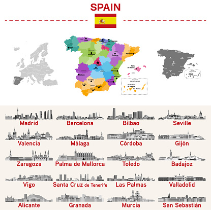 Spain map with main cities on it. Spanish cities skylines illustrations in black and white color palette. Vector set