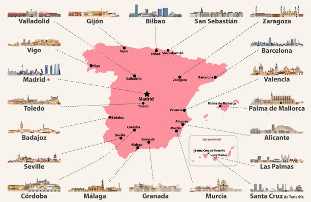 ilustraciones, imágenes clip art, dibujos animados e iconos de stock de mapa de españa con los principales horizontes de las ciudades. ilustración vectorial - barcelona sevilla