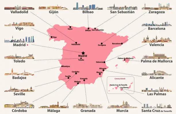 Vector illustration of Spain map with main cities skylines. Vector illustration