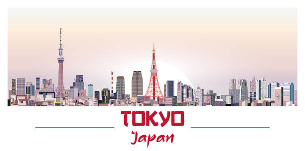 ilustrações de stock, clip art, desenhos animados e ícones de tokyo skyline in bright color palette vector illustration - tokyo prefecture tokyo tower japan cityscape