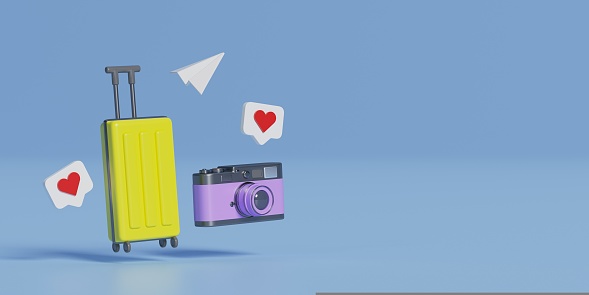 Suitcase, camera, paper plane on a pastel purple background.
