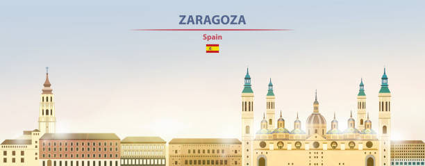 Zaragoza cityscape on sunrise sky background with bright sun shine. Vector illustration vector art illustration