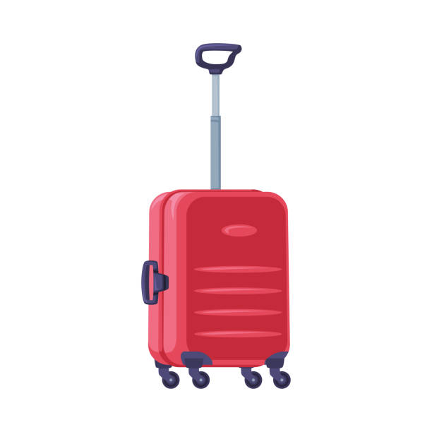 illustrations, cliparts, dessins animés et icônes de valise de voyage rouge avec poignée et roues comme bagage emballé pour l’illustration vectorielle de voyage - valise à roulettes