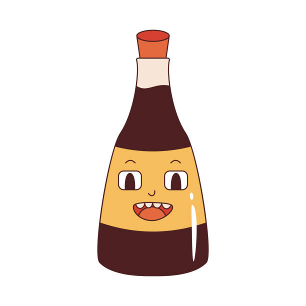 Vector soy sauce in retro style. Groovy soy sauce mascot. Hippie soy character 70s. Vector soy sauce in retro style. Groovy soy sauce mascot. Hippie soy character 70s. 21st century style stock illustrations