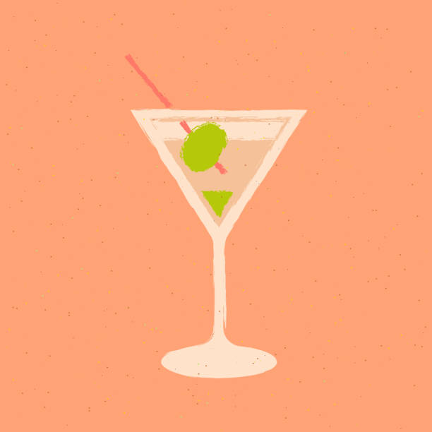 martini z oliwką w szkle. napój alkoholowy z tonikiem. wektorowy obraz płaski z teksturą - gin tonic water martini olive stock illustrations