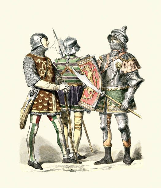 Burgundian Knights and soldiers in armour, Archer, Infantry armed with halberd and Fauchard, History medieval weapons and warfare 15th Century Vintage illustration Burgundian Knights and soldiers in armour, Archer, Infantry armed with halberd and Fauchard, History medieval weapons and warfare 15th Century infantry stock illustrations