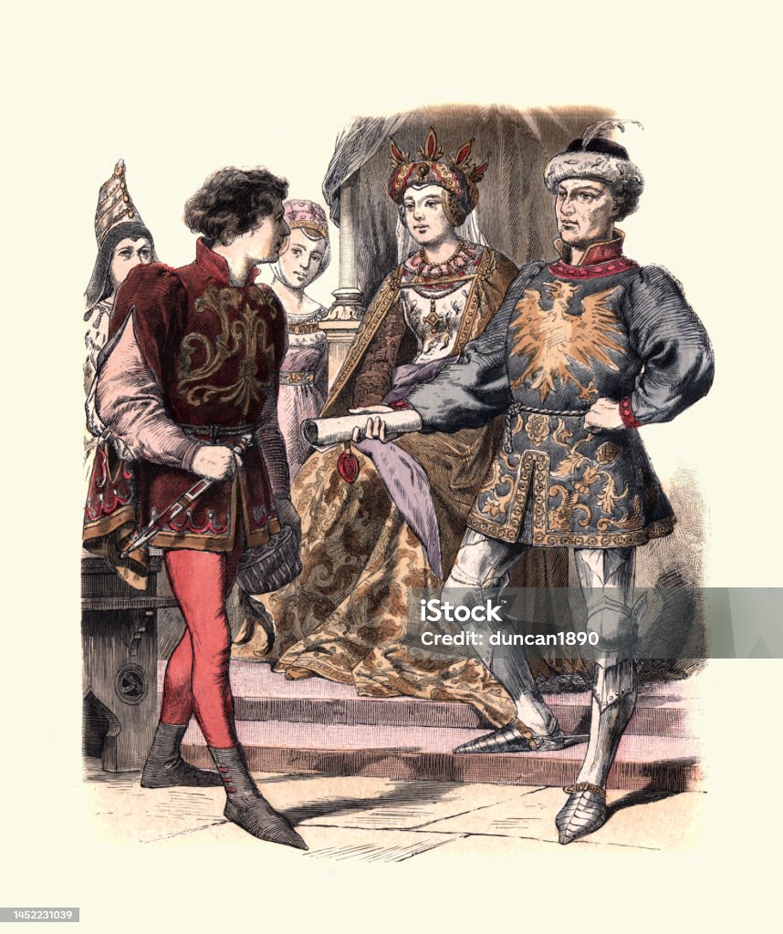 Ilustración de Modas Medievales De Borgoña Duque Y Duquesa Nobleza Trajes De La Época De La Historia Siglo 15 y más Vectores Libres de Derechos de A la moda - iStock Ilustración de Modas Medievales De Borgoña Duque Y Duquesa Nobleza Trajes De La Época De La Historia Siglo 15 y más Vectores Libres de Derechos de A la moda - iStock