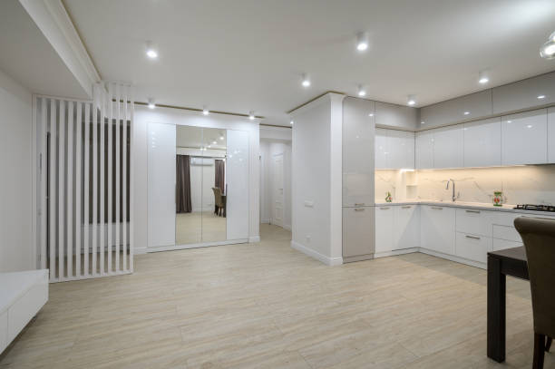 istock Large white room connected to hall and kitchen in a studio flat 1452231800