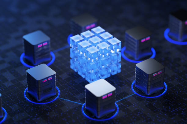 Big data center concept, cloud database, server power station of the future. Data transfer technology. Synchronization of personal information. Cube or box Block chain of abstract financial data. 3d render. stock photo