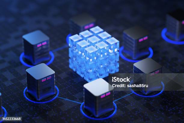 Big Data Center Concept Cloud Database Server Power Station Of The Future Data Transfer Technology Synchronization Of Personal Information Cube Or Box Block Chain Of Abstract Financial Data 3d Render Stock Photo - Download Image Now