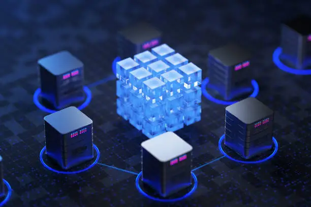 Big data center concept, cloud database, server power station of the future. Data transfer technology. Synchronization of personal information. Cube or box Block chain of abstract financial data. 3d render..