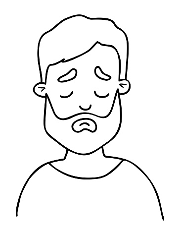 Male face. Portrait of sad bearded man. Vector Outline drawing. Avatar face for design, decor, social media