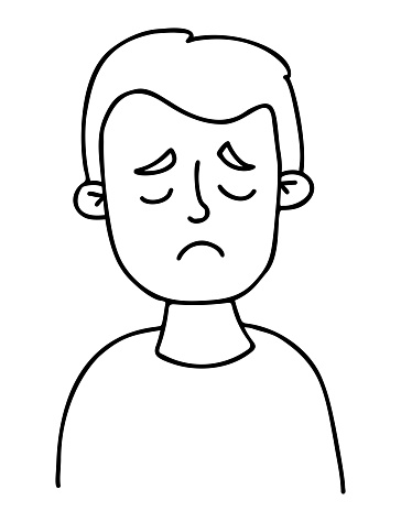 face sad boy. Portrait of an upset child with closed eyes. Vector linear hand drawing doodle. Avatar male baby face for design, decor, social media