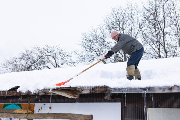 istock Senior man shoveling snow off roof 1452243187