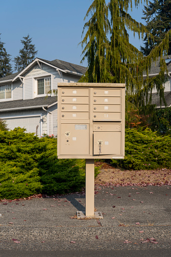 American outdoors mail boxes at sunny day. Everett, WA, USA - October 2022