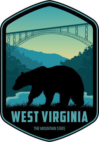 West Virginia vector label with black bear in New River Gorge National Park