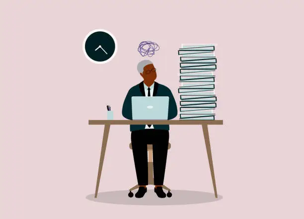 Vector illustration of Stressful Black Senior Man Employee Working Overtime Due To Overload Of Work.