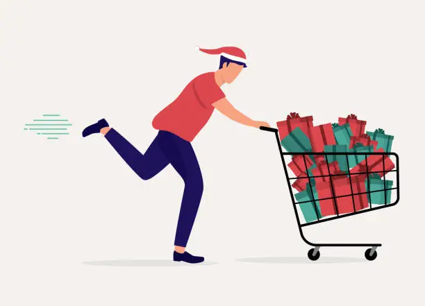 Vector illustration of Young Man Running Fast While Pushing Shopping Cart Loaded With Present Gift Boxes.